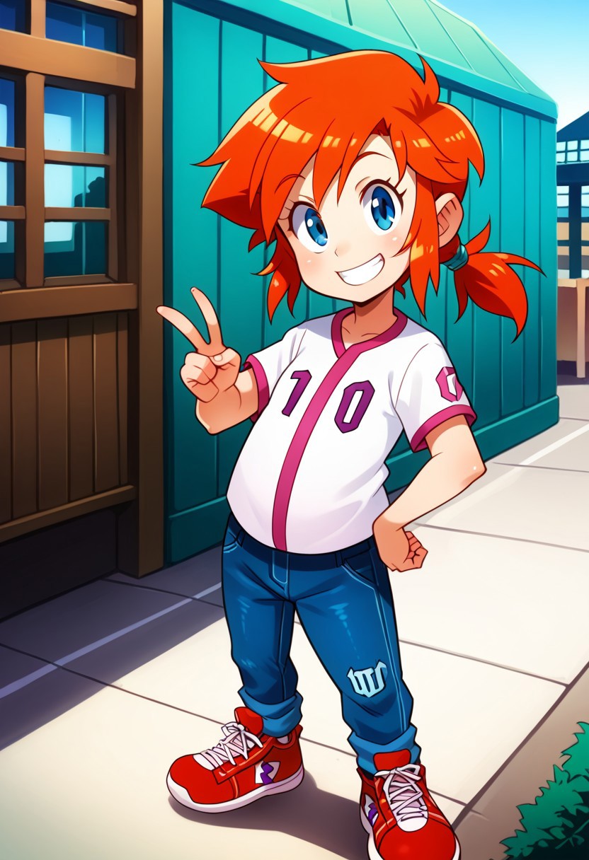 score_8, score_8_up, score_7_up, 1girl, female focus, solo, Pep_pum, red hair, pointy hair, low ponytail, short ponytail, blue eyes,baseball jersey, number print, short sleeves, asymmetrical clothes, jeans, blue pants, reinforced knee, sneakers, red footwear, outdoors, smile, building, standing, sidewalk, white picket fence, v, looking at viewer