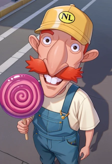 masterpiece, high quality, n1g3l, 1boy, male focus, solo, short hair, orange hair, mustache, teeth, cowboy shot, from above, high angle, shortstack, cap, denim overalls, t-shirt, holding spiral lollypop, looking at viewer, street,