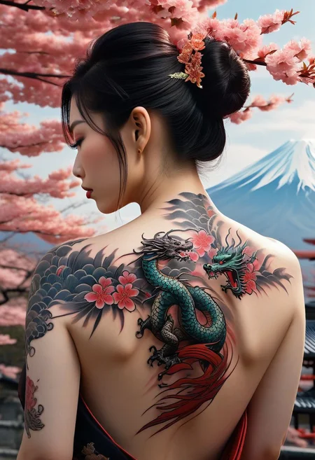 Super detailed masterpiece 8k, realistic, 1 girl, (beautiful face)++ A girl, (showing off her entire back with superb Japanese dragon tattoo), yakuza style, bright colors, dragon, cherry blossoms, Mount Fuji, geisha god Wind Squad Red Sunwave is simply a work of art and so much more. Fills the entire back. Close-up on her back, contrasting with the girl's beautiful lines on a simple Japanese style background