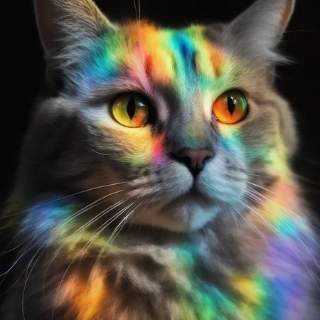 <lora:SDXL_rainbow_highlights_Sa_May:1> rainbow highlights a cat