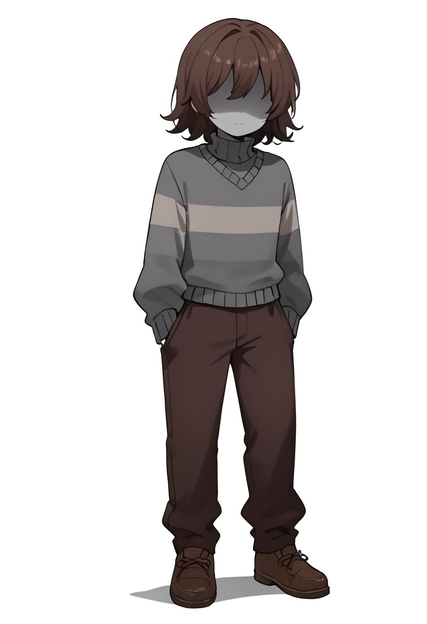 score_9, score_8_up, score_7_up, masterpiece, hd, source_anime, 2D, vesseldn, 1boy, solo, teenager, grey skin, soft features, slim, shaded face, faceless, lack of facial features, no facial features, faceless, no_face, blank_face, brown hair, grey sweater, sweater, two horizontal white stripes, two stripes, white stripes, brown shoes, brown pants, standing, in front of viewer, simple background, white background