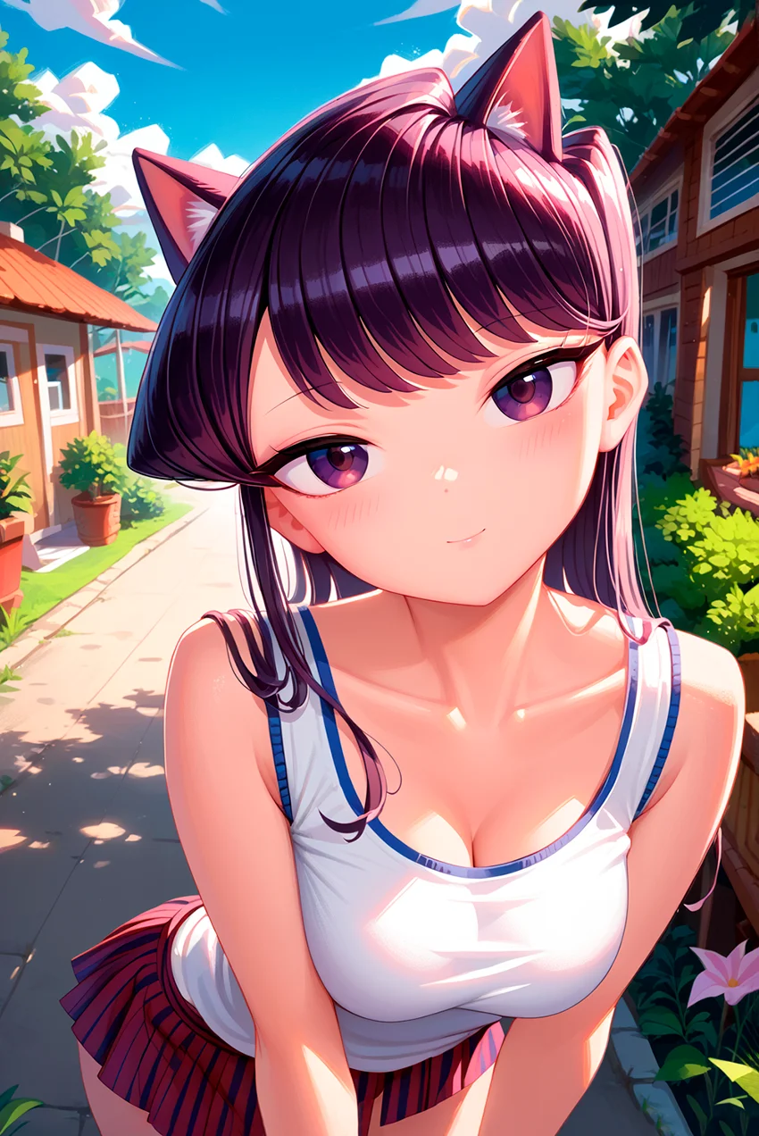 score_9, score_8_up, score_7_up, source_anime, 1girl, cute, shouko komi, komi can't communicate, head tilt, outdoors, backyard, dynamic action, dynamic angle