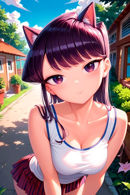 score_9, score_8_up, score_7_up, source_anime, 1girl, cute, shouko komi, komi can't communicate, head tilt, outdoors, backyard, dynamic action, dynamic angle