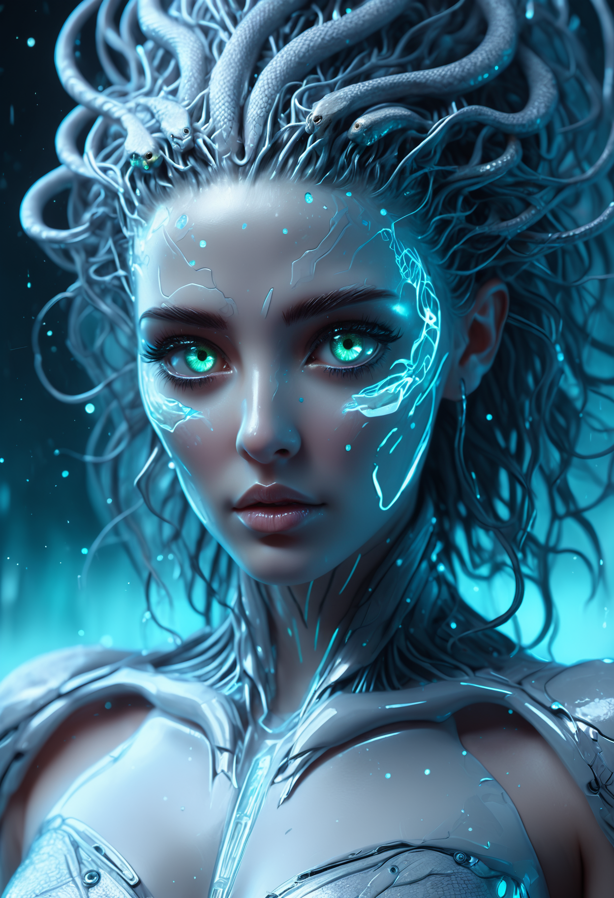 A hyper-realistic 135mm upper-body shot of Medusa with snake hairs and slit pupils, with high detailed and beautiful eyes, in a bauhaus style, set in a vast, frozen tundra under the aurora borealis, a dynamic swimming pose and an nervous expression. The scene is illuminated by mystical bioluminescent glow, enhancing the heroic atmosphere. Candle flames wavering in an unseen breeze. A captivating illustration, bursting with ultra-HD richness, refined textures, and an immersive 8K quality. Every element is meticulously crafted, captures the essence of the motif in breathtaking resolution., <lora:add-detail-xl:1>, <lora:JuggerCineXL2:0.75>, Jed-Cypnk, <lora:CyberpunkStyle:0.8>, eyeshd, <lora:Eyes_High_Definition:1>,