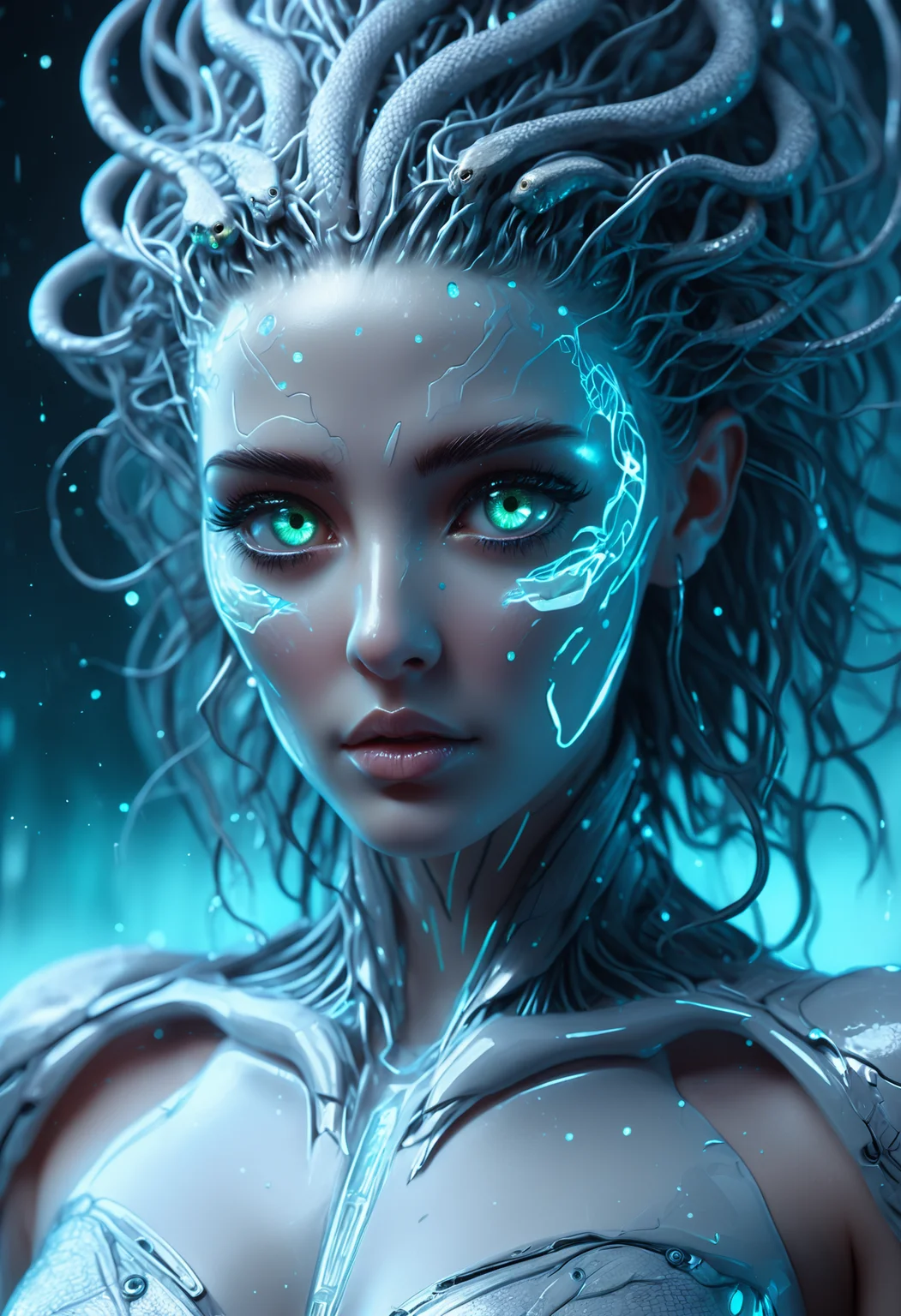 A hyper-realistic 135mm upper-body shot of Medusa with snake hairs and slit pupils, with high detailed and beautiful eyes, in a bauhaus style, set in a vast, frozen tundra under the aurora borealis, a dynamic swimming pose and an nervous expression. The scene is illuminated by mystical bioluminescent glow, enhancing the heroic atmosphere. Candle flames wavering in an unseen breeze. A captivating illustration, bursting with ultra-HD richness, refined textures, and an immersive 8K quality. Every element is meticulously crafted, captures the essence of the motif in breathtaking resolution., <lora:add-detail-xl:1>, <lora:JuggerCineXL2:0.75>, Jed-Cypnk, <lora:CyberpunkStyle:0.8>, eyeshd, <lora:Eyes_High_Definition:1>,