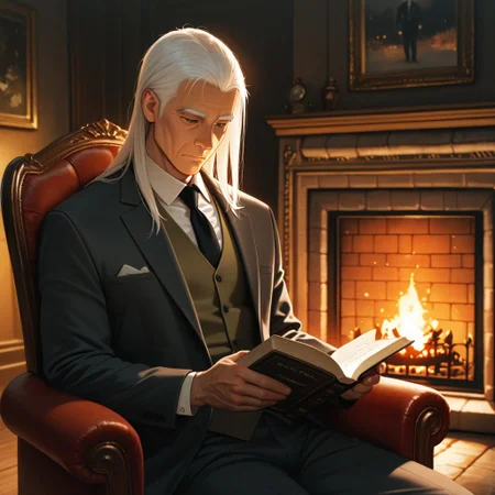 masterpiece, best quality, amazing quality, absurdres, newest, detailed background, definition so sharp, Ultra-HD, 8K cinematic, very awa, impressionate, amazing quality, highres,
solo, male focus, manly,
daikakukokujouji, lieutenant_white hair, lieutenant_brown eyes, 1boy, solo, old man, long hair, holding book, reading, relaxed pose,suit jacket, vest, armchair, fireplace, warm glow, stately, sophisticated, comfortable, peaceful, knowledgeable, content, joyful, gentleman
