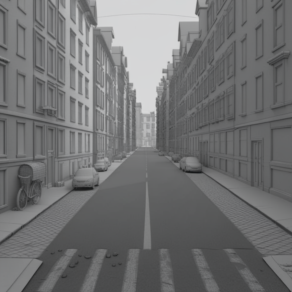 <lora:3dpolygonStyle:1>,3dm,monochrome,grey  grid color matching,Create a 3D animation style image of a street