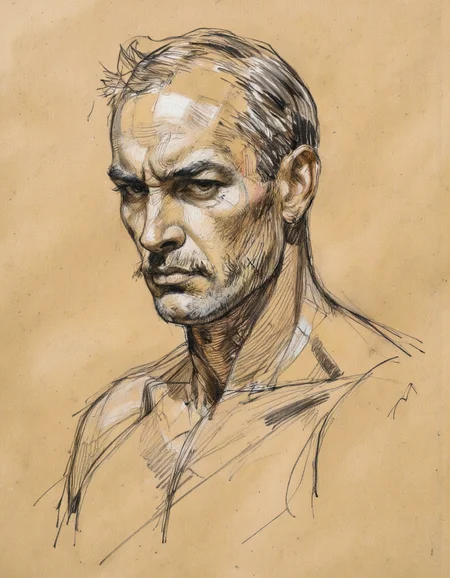 This is a highly detailed and realistic pencil drawing of a middle-aged man with a stern and intense expression. The subject has a bald head with a prominent widow's peak and a thick, well-defined moustache that curves slightly upward at the ends. His eyes are narrowed, giving him a focused, almost intimidating look. The texture of the skin is meticulously rendered, showcasing a range of subtle shadows and highlights that give depth and realism to the drawing. The sketch is done on textured ochre-coloured papier-mâché
The artist has used a variety of pencil strokes to create a sense of three-dimensionality and texture. The lines are sharp and detailed, particularly in the areas around the eyes, nose and mouth, where variations in shading and tone create a realistic appearance. The subject's muscular shoulders and collarbone are partially visible, suggesting a strong, masculine physique. The overall style of the drawing is very realistic, with careful attention paid to capturing the subject's features and emotions in minute detail. The drawing is signed by the artist in the lower right corner, adding a personal touch to the piece. <lora:Sketch:0.9>