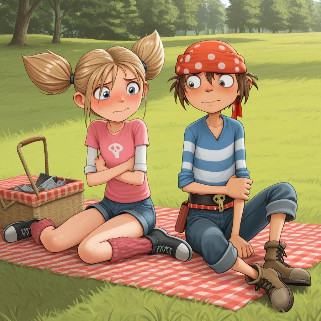masterpiece, best quality, break, pnd, (1boy, jim_pnd, bandana), break, (1girl, matilda_pnd, twintails), sitting, grass, picnic, outdoors, natural lighting, hugging, looking at partner, blushing, shy,
