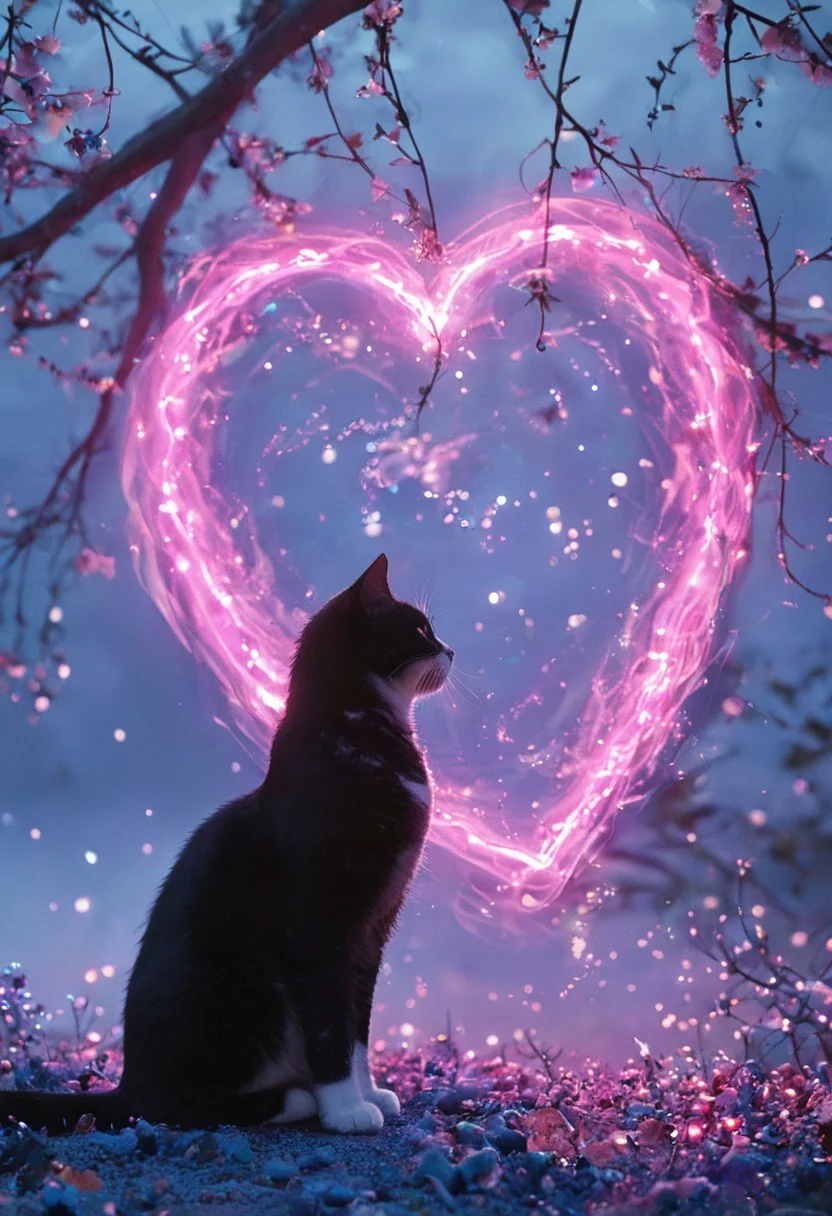 photograph of two cats sitting on a tree branch, facing each other in an intimate and harmonious pose. The left cat is black, while the right cat is white, creating a striking contrast. They are surrounded by delicate, blooming branches with small flowers, adding a serene and romantic atmosphere. The background is softly blurred, focusing the viewer's attention on the cats and their interaction. The lighting is soft, emphasizing the texture of their fur and the gentle ambiance of the scene. <lora:Anime v1.3:1.2> <lora:Blue_Future:0.9> <lora:Ethereal Brush Anime v2.0:0.6> <lora:It's a LoRA for portraits, BUT! actually specialized in backgrounds. v1.0:0.2>,pink heart in front of them,   ethereal glowing swirls, mystical light particles, dreamy atmosphere, vibrant neon mist, twilight city street, hyper-detailed fabric texture, soft illuminated fog, cinematic soft lighting, glowing blue and magenta hues, fantasy realism, enchanted night