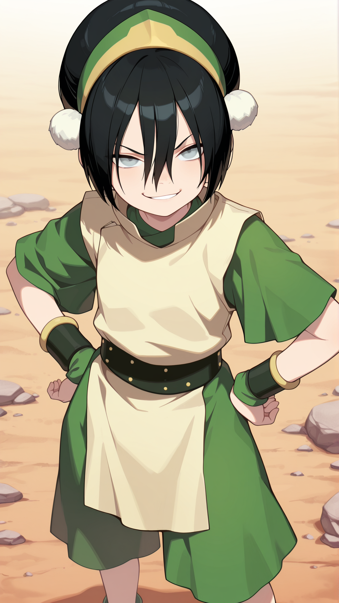 masterpiece,best quality,amazing quality, absurdres, solo, 1girl,  <lora:IlluToph:1> illutoph, blind, grey eyes, black hair, hair between eyes, hairband, wristband, tunic, capri pants, smirk, hand on own hip,