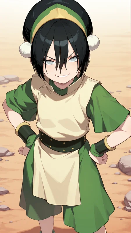 masterpiece,best quality,amazing quality, absurdres, solo, 1girl, <lora:IlluToph:1> illutoph, blind, grey eyes, black hair, hair between eyes, hairband, wristband, tunic, capri pants, smirk, hand on own hip,