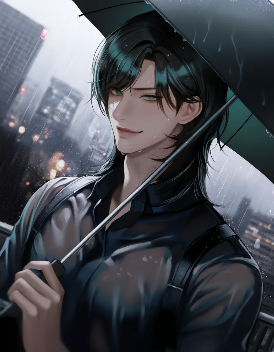 masterpiece, high quality, very awa, highres, absurdres, 1boy, swept bangs, medium hair, green eyes, black hair, smirk, dutch angle, city, outdoors, wet, rain, dark skin, holding umbrella, <lora:SemirealismV2_NOOBAI_VPRED-000026:0.95>