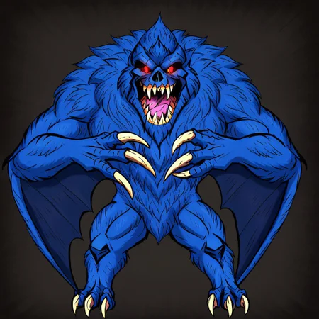 solomon, kaiju, demonic kaiju, no humans, humanoid, skull face, monster, dark blue fur, dark blue skin, glowing red eyes, sharp teeth, humanoid arms, sharp claws, white claws, bat wings coming out of his arms, 4-fingered hands, bird feet with 2 fingers,