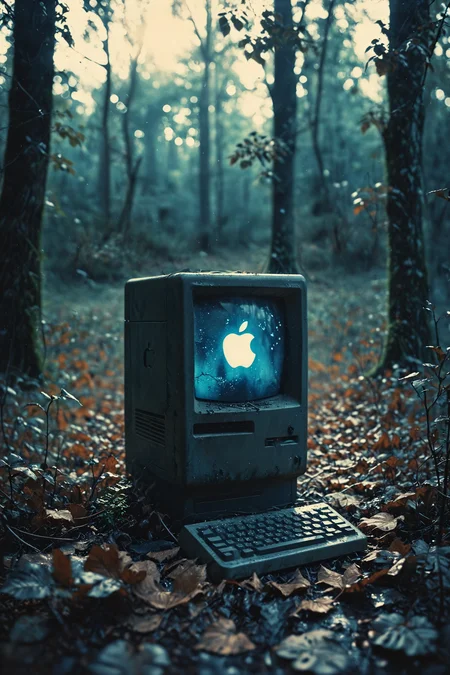 35mm Vintage photo of  Retro Macintosh desktop computer abandoned in the woods,forest with leaves on the ground and trees in the background,dramatic lighting,apple logo on screen,cold blue theme,
shot on Leica,dark aesthetic,sharp focus,bokeh,vibrant colors,(sunset:0.1),(keyboard:0.2),shot from long range,
(center composition, symmetry composition:0.5),<lora:MJ52:0.3>,<lora:Vintage_Street_Photo:0.7>,