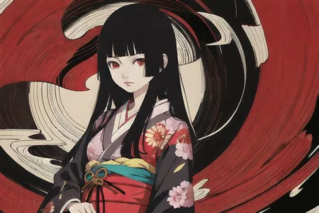 enma ai, hair down, hair black, bangs, eyes red, masterpiece, best quality, ultra-detailed, illustration, 1girl, solo, highres, photorealistic, ultra high res, (Original illustration composition), (fusion of limited color,Maximalism artstyle, kimono fashion, double exposure, background black