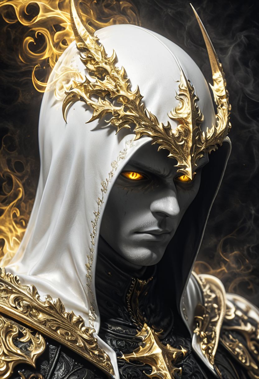 Dark fantasy, shadow knights, (( white and gold plug suit, black smoke in plug suit) ), (burning eyes:1) , (white, gold hooded cloak of leather material) , (fractal art:1.2) , cave background, transparency, caustics, optics, surreal, magic, masterpiece, perfect anatomy, 32k UHD resolution, best quality, highres, realistic photo, professional photography, cinematic angle, reflection lights, closed up