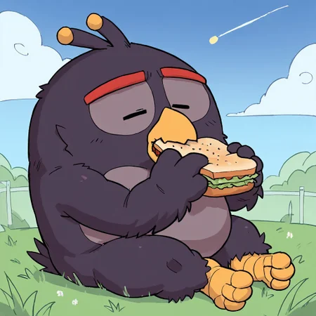 bomb_bird, score_9, score_8_up, score_7_up, score_6_up, score_5_up, score_4_up, source_furry, hi res, sfw. 2D artwork
black avian, black plumage, large size, spherical body, grey belly, chubby, beak, head tuft, red eyebrows, short beak, large beak, feathered hands, winged arms, stubby legs, small eyes, open eyes, 4 toes

Eating, eating a sandwich, holding an object, holding food, eating, relaxed expression, sitting.
Grass, blue sky, clouds.
