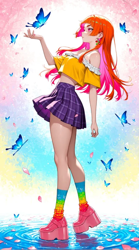 masterpiece, detailed_eyes, high_quality, best_quality, highres, absurdres, 8k, 
1girl, solo, orange hair, arched bangs, long hair, colored inner hair, red inner hair, long sidelocks, forked eyebrows, pink eyes, detailed eyes, freckles, hair behind ear, large earrings, round_earrings, colorful_earrings, 
crop top, short sleeves, off-shoulder_top, spaghetti strap, frills, yellow topwear, bare shoulders, midriff, pleated skirt, plaid skirt, purple skirt, white trim, bare thighs, thigh socks, colorful_socks, crew_socks, pink shoes, platform footwear, arm out, butterfly on arm, glowing butterfly, blue butterfly,
standing in water, water ripple, cherry_blossom_petals, petals on liquid, petals_on_water, floating_petals, graphic_background, colorful background, side view, from side,