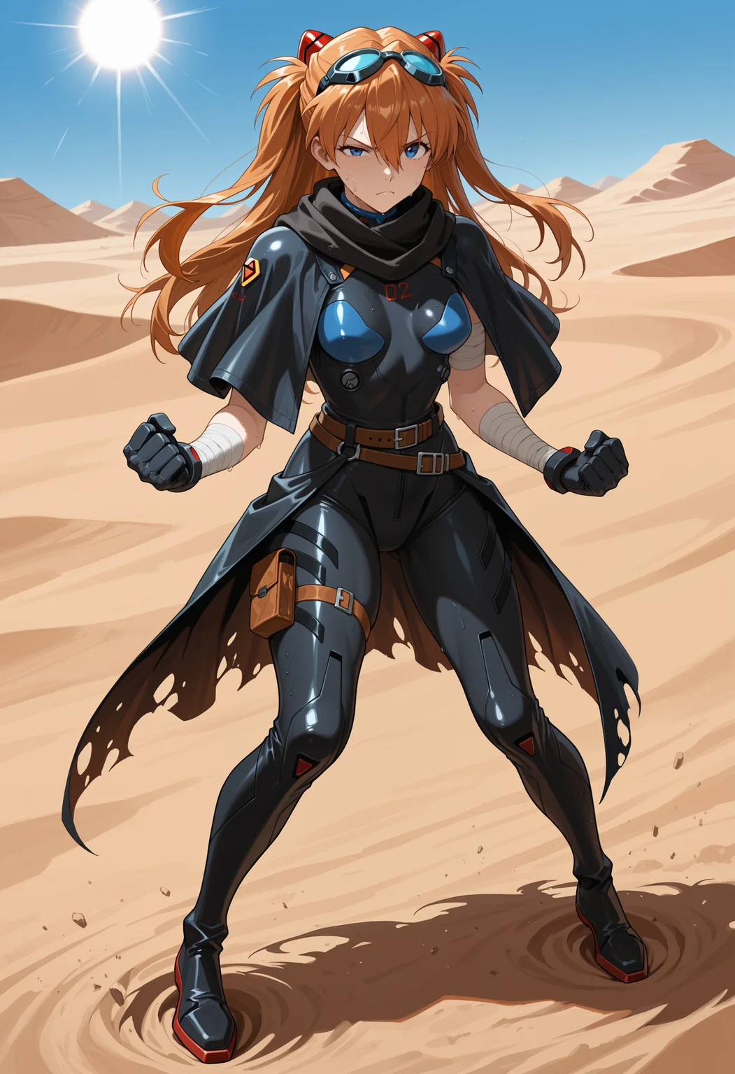 masterpiece, best quality, highres, absurdres, very awa, 1girl, solo, long hair, orange hair, hair between eyes, two side up, armored bodysuit, leather, capelet, criss-cross straps, multiple belts, torn cape, belt, goggles on head, bandaged arm, black scarf, black ribbon, outdoors, (desert), fighting stance, full body, blue eyes, interface headset, black pants, waist cape, thigh pouch, blue sky, sun, hot, sweat, looking at viewer, angry, frown, raised eyebrow, closed mouth