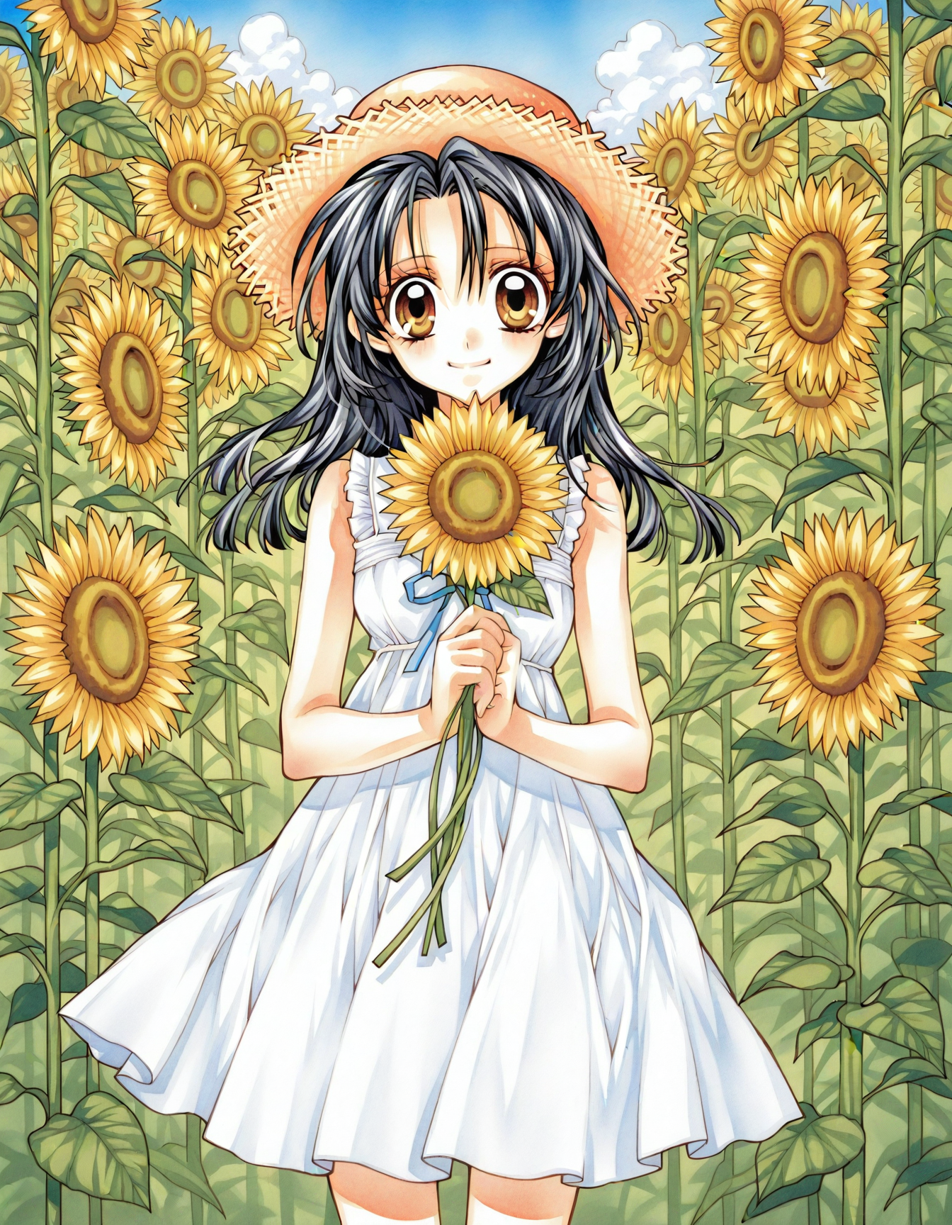 1girl, 
smile, cowboy shot, straw hat, sundress, outdoors, flower background, black hair, long hair, standing, dress, sunflower, looking at viewer, sleeveless dre, solo, hat, brown eyes, white dress, sleeveless,
watercolor \(medium\)
 <lora:ribbon_style>
