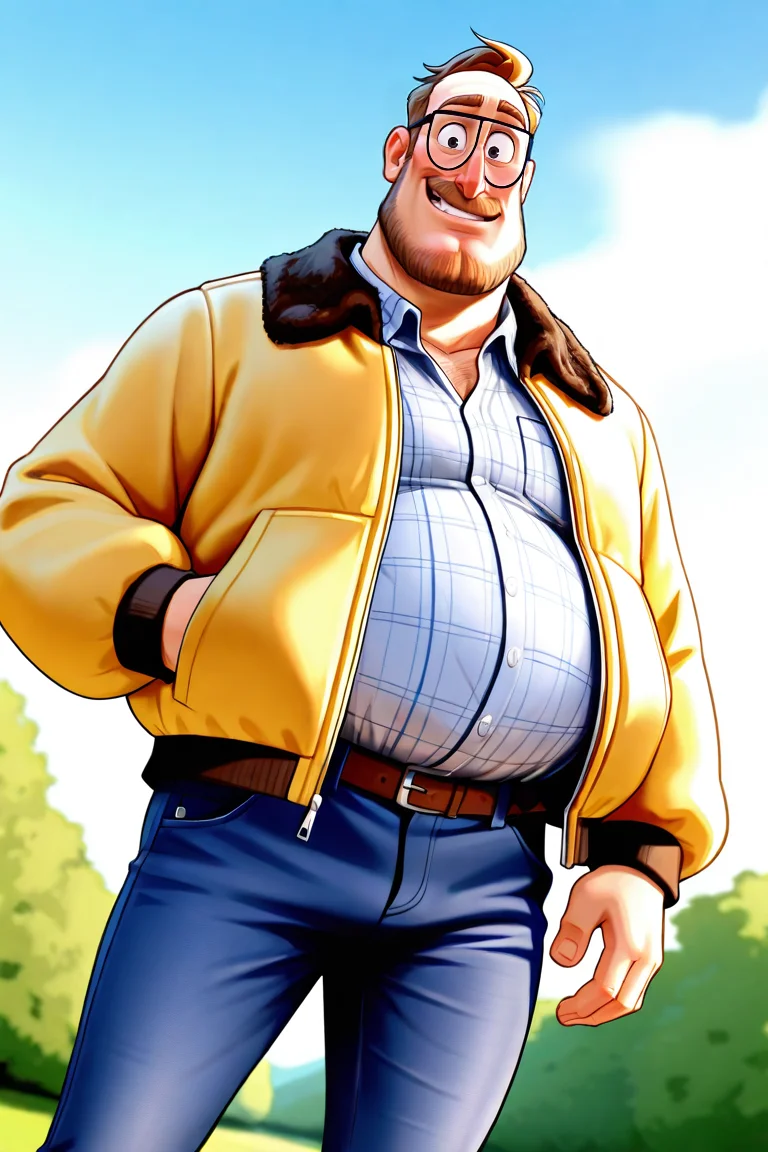 score_9, score_8_up, score_7_up, score_6_up, perfect anatomy, perfect proportions, best quality, masterpiece, high_resolution, high quality, highres, huge filesize, solo male, adult, mature, masculine, manly, handsome, charming, alluring, standing, upper body, dutch angle, dynamic angle, cowboy shot, from below, low angle, perfect face, source_cartoon \(The Mitchells vs. the Machines\), cartoon coloring \(The Mitchells vs. the Machines\), MMRick, Rick Mitchell, dark blonde hair, dark eyes, facial hair, beard, stubble, glasses, chubby, plump, MMRick_outfit01, white checked collared shirt, yellow bomber jacket, open jacket, fur-trimmed jacket, blue jeans, ankle boots, outdoor,