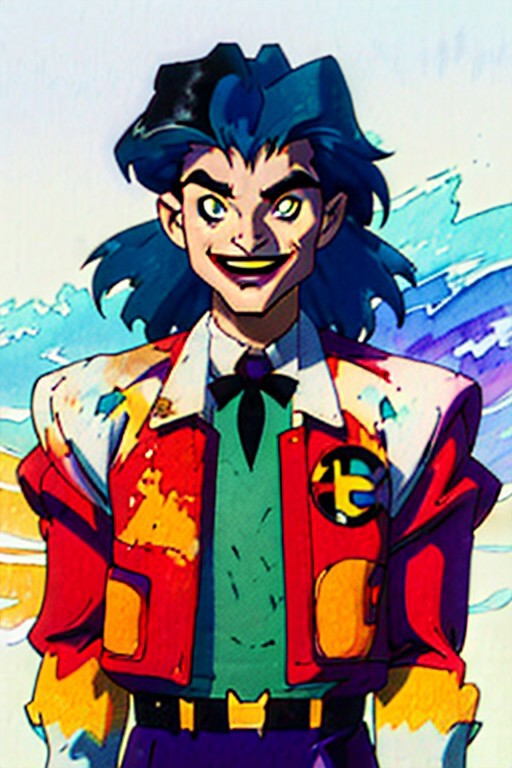 masterpiece, score_10, score_9, score_8_up, score_7_up, anime screencap, watercolor, ((DC comics joker:1.3)), (sugimori ken 1990s), (batman adventures), ((bruce timm style)), semi realistic, batman adventures, 1boy, the joker, dc comics, ((white skin:1.3)), ((bleached-white skin:1.3)), ((slicked-back black-green hair:1.3)), ((yellow sclera)), ((jaundiced eyes)), ((red irises:1.3)), dark red pupils, crazy eyes, dark eyes, bags under eyes, solo, male focus, looking at viewer, gloves, ((evil smile:1.3)), shirt, purple bow, dark background, dark mood, scary, purple jacket, upper body, long sleeves, green shirt, purple headwear, purple bowtie, evil grin, purple shirt, simple background, suit, laughing, formal <lora:batman_adventures_offset:1> divinesplatter, watercolor