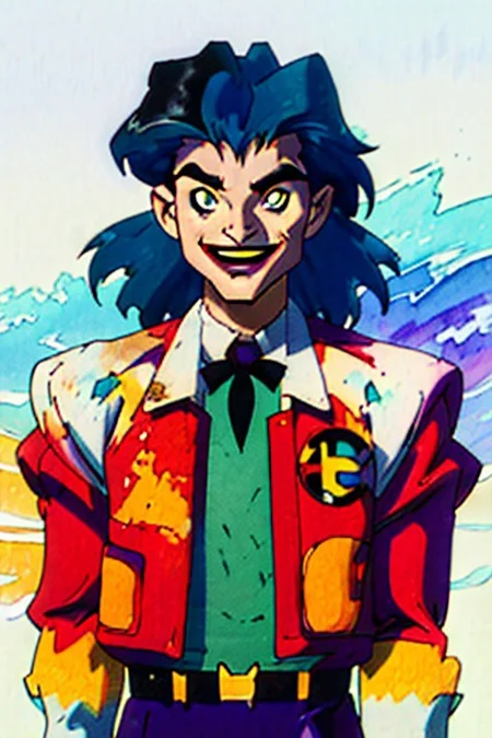 masterpiece, score_10, score_9, score_8_up, score_7_up, anime screencap, watercolor, ((DC comics joker:1.3)), (sugimori ken 1990s), (batman adventures), ((bruce timm style)), semi realistic, batman adventures, 1boy, the joker, dc comics, ((white skin:1.3)), ((bleached-white skin:1.3)), ((slicked-back black-green hair:1.3)), ((yellow sclera)), ((jaundiced eyes)), ((red irises:1.3)), dark red pupils, crazy eyes, dark eyes, bags under eyes, solo, male focus, looking at viewer, gloves, ((evil smile:1.3)), shirt, purple bow, dark background, dark mood, scary, purple jacket, upper body, long sleeves, green shirt, purple headwear, purple bowtie, evil grin, purple shirt, simple background, suit, laughing, formal <lora:batman_adventures_offset:1> divinesplatter, watercolor