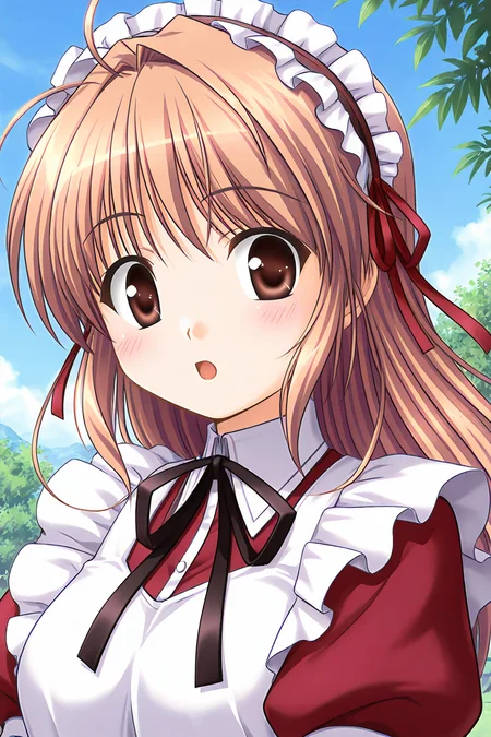 masterpiece, best quality, absurdres, official art, official style, rating general BREAK <lora:yuukiharuna_IL_v1-1:0.7>, yuuki haruna, 1girl, solo, brown eyes, brown hair, ahoge, long hair, hair intakes, medium breasts, maid, maid headdress, black hairband, frilled hairband, hairband with ribbon, red ribbon, red dress, pinafore dress, collared dress, puffy short sleeves, neck ribbon, arm ribbon, black ribbon, wrist cuffs, maid apron, white apron, frilled apron, outdoors, day, cloud, tree, blue sky, upper body, portrait, close-up,
blush, looking at viewer, open mouth, surprised