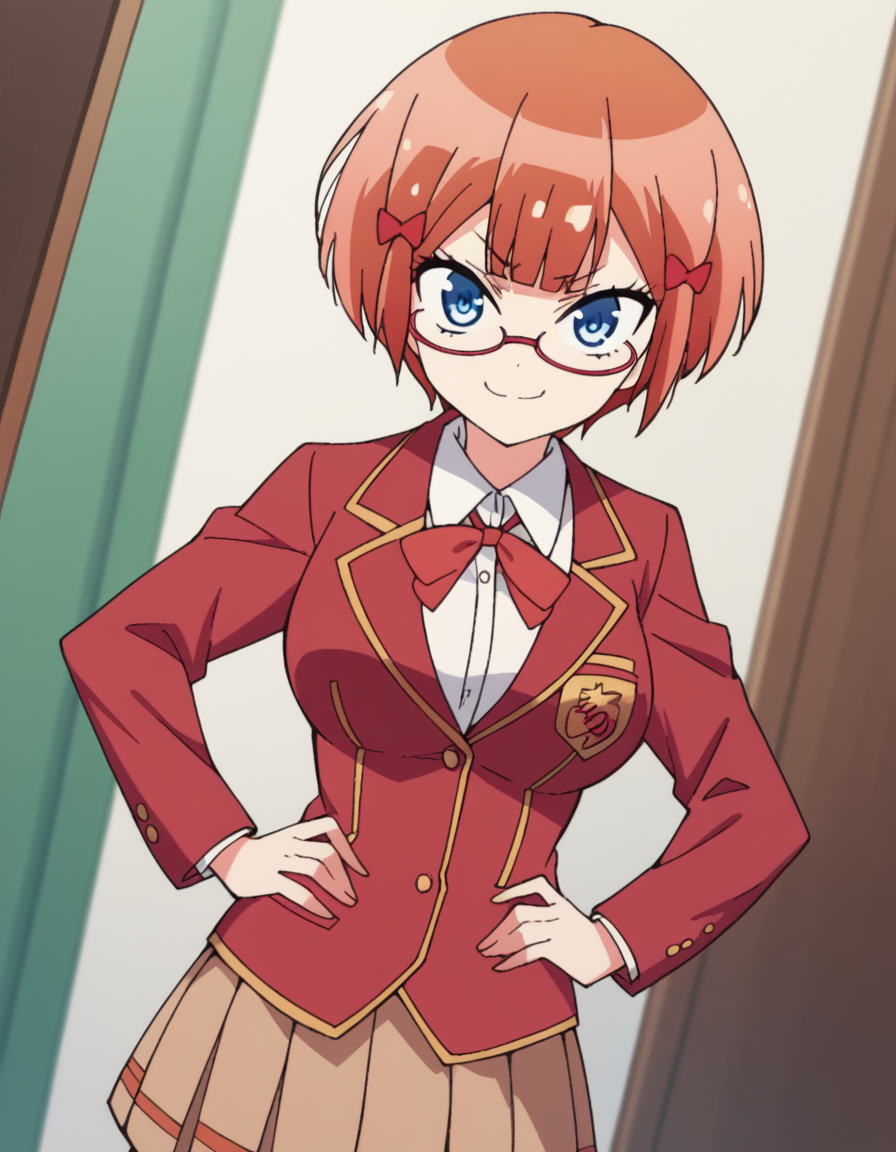 score_9, score_8_up, score_7_up, source_anime, <lora:rizu-ogata-s2-ponyxl-lora-nochekaiser:1>, rizu ogata, blue eyes, glasses, hair bow, red bow, red-framed eyewear, short hair, orange hair, large breasts,, blazer, red blazer, bow, jacket, pantyhose, pleated skirt, school uniform, shirt, skirt,, indoors, smug, smile, looking at viewer, solo, hands on hips,, cowboy shot, dutch angle