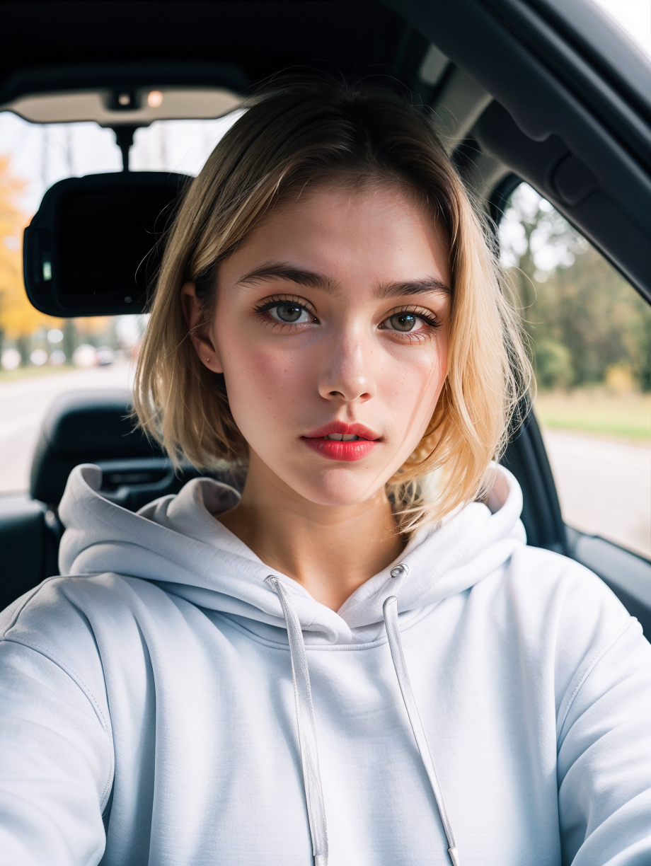 RAW photo, a 22-year-old blonde girl, upper body, selfie in a car, blue hoodie, inside a car, driving, lipstick, soft lighting, high quality, highres, sharp focus, extremely detailed, (sunlight on face), beautiful detailed eyes, masterpiece, cinematic lighting, dslr, Fujifilm XT3, (((film grain)))