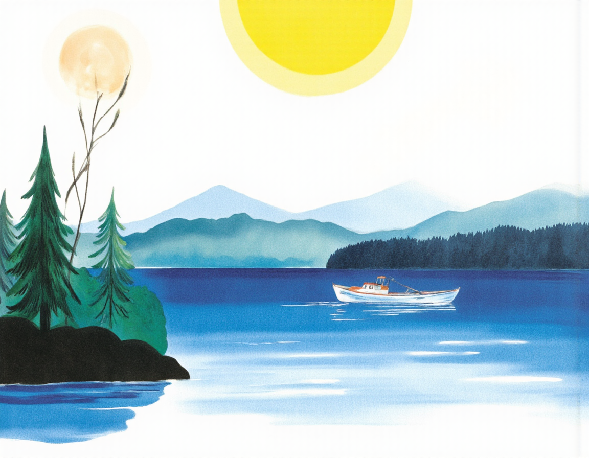 <lora:SUT_NEW:1>, A small boat sailing on a calm blue lake under a yellow sun, illustrated in the style of Vitaly Suteev â stylized nature, clean lines, joyful mood, flat color palette, reminiscent of mid-20th century Soviet picture books