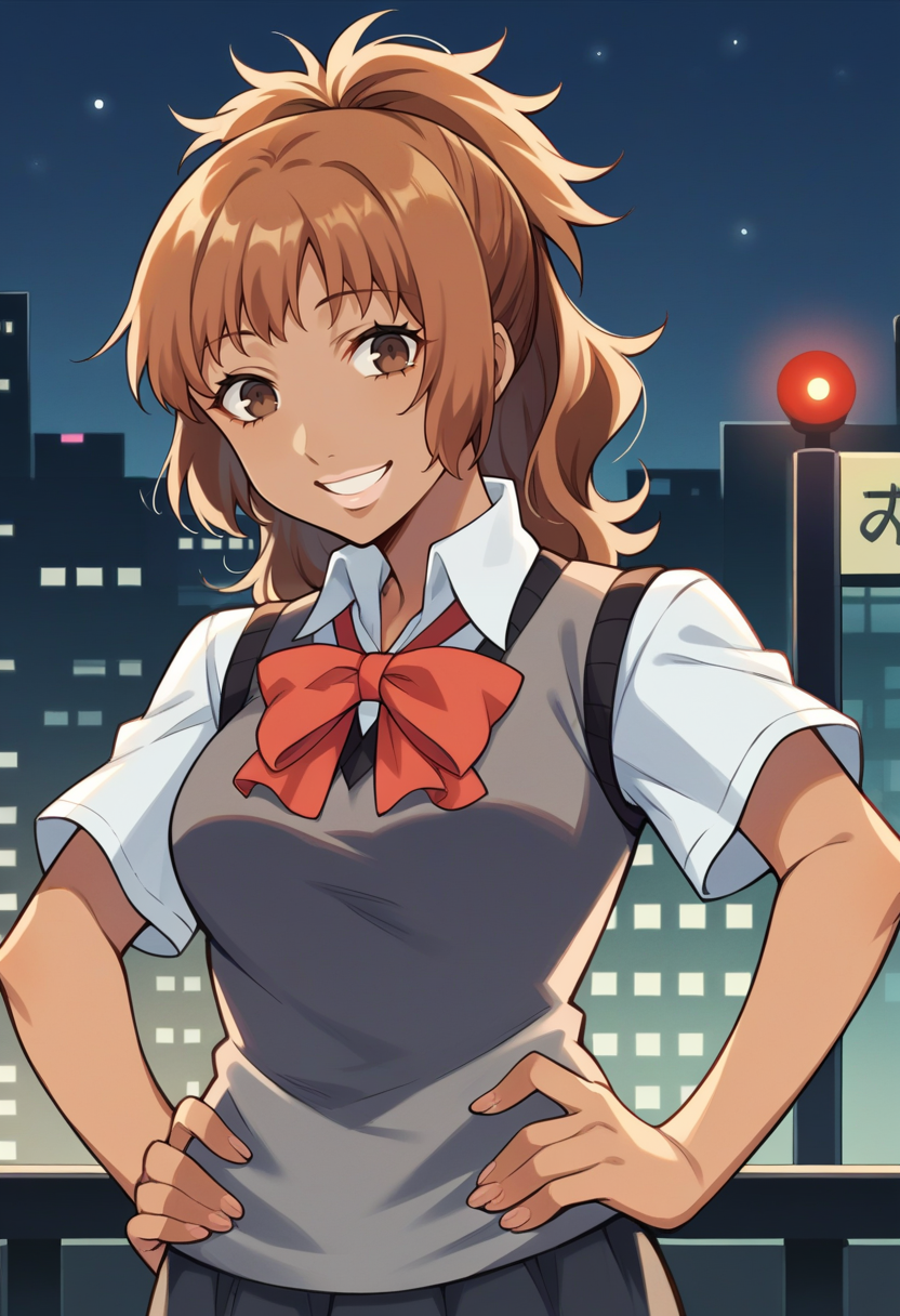 score_9, score_8_up, score_7_up, source_anime BREAK 1girl, solo,
<lora:zs_NatsukiXL:1> natsukip3, brown hair, ponytail, brown eyes, dark skin, sweater vest, skirt, loose socks
city, night, looking at viewer, cowboy shot, smile, hands on hips