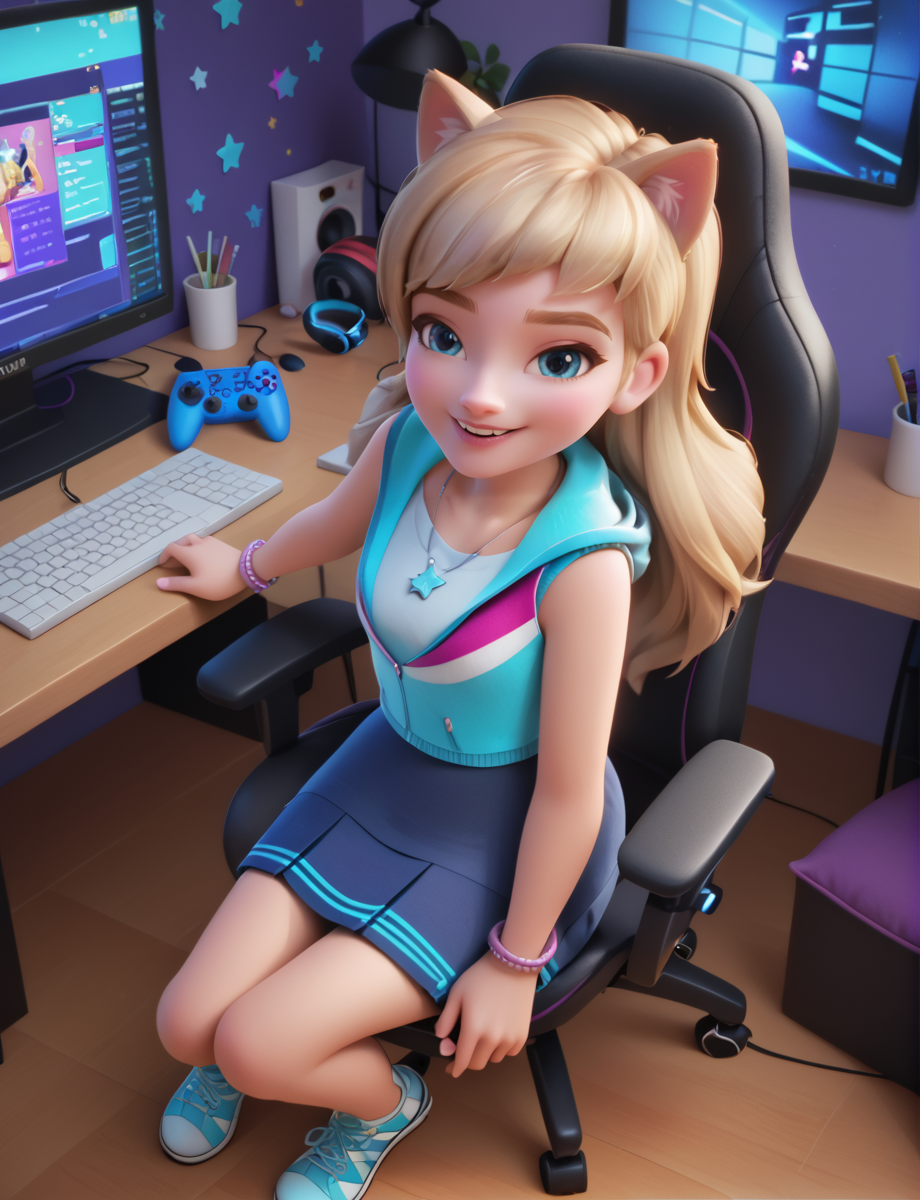 (zPDXL3) source_cartoon, Perfect Hands, full body, handsfree,
 1girl, solo, stephanie, blue eyes, long hair, blonde hair, blue skirt, shirt, sleeveless hoodie, necklace, star (symbol), bracelet, desktop computer, gamer girl, cat ears headphone, sneakers, looking at viewer, wink, smile, holding a game controller, indoors, sitting on gaming chair, dynamic angle, looking up at viewer, volumetric lighting , detailed background, girly bedroom, from above,
 <lora:Stephanie_-_lego_friends:1> <lora:Perfect Hands:1>