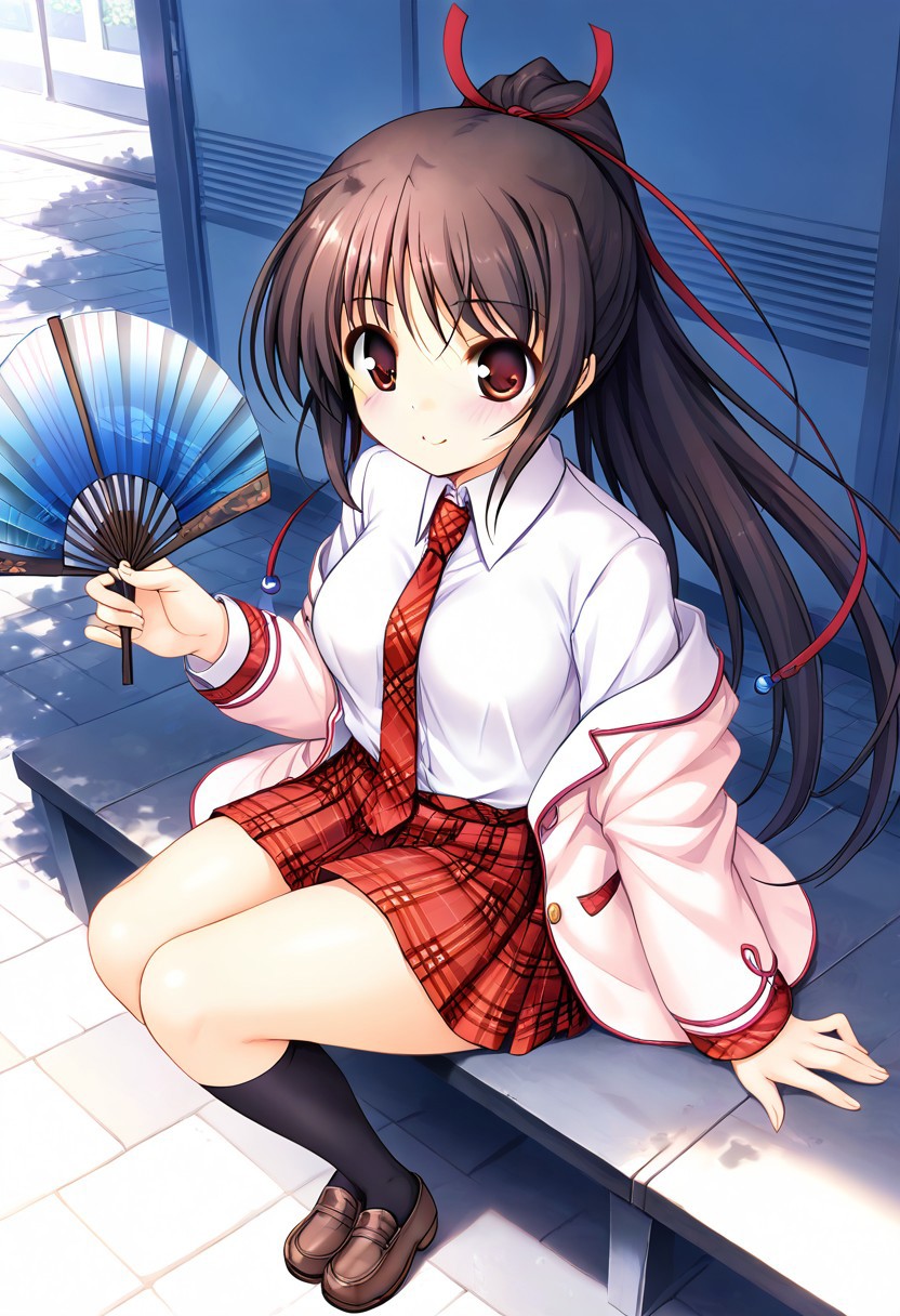 score_9,score_8_up,score_7_up,masterpiece,best quality,absurdres,source_anime,game cg,zPDXL3,1girl,solo,sakuraba tamamo,1girl,solo,red eyes,brown eyes,black hair,brown hair,long hair,ponytail,ribbon,hair ribbon,red ribbon,school uniform,jacket,pink jacket,long sleeves,plaid,necktie,skirt,plaid skirt,pleated skirt,emblem,kneehighs,socks,black socks,brown footwear,shoes,loafers,hand fan, holding, folding fan,