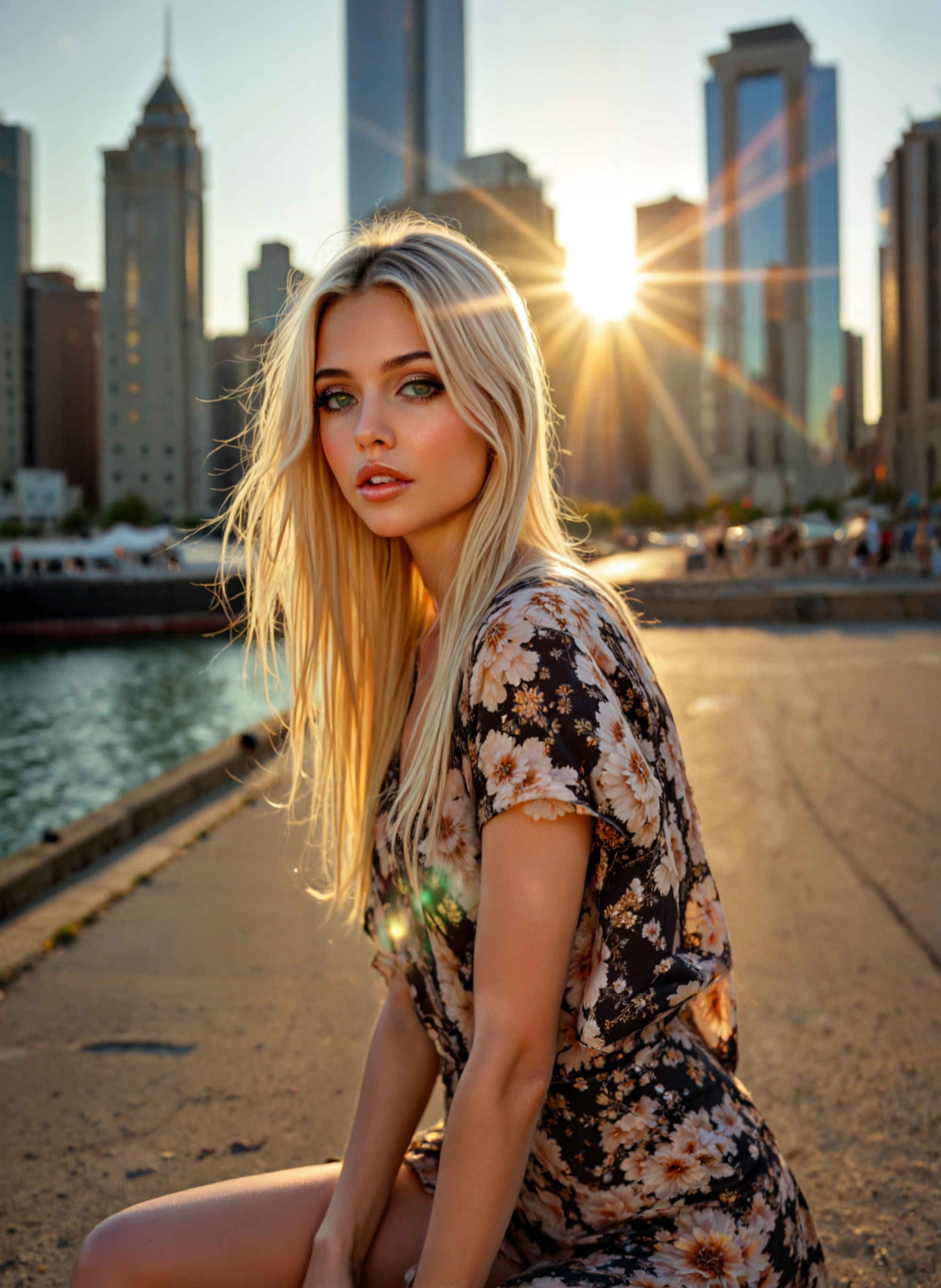 cinematic film still a young woman sitting on a pier with a city skyline in the background. The woman is wearing a floral dress and has long blonde hair that is styled in loose waves. She is looking directly at the camera with a serious expression on her face. The sun is setting behind her, creating a warm glow that illuminates the skyline. The buildings in the skyline are tall and modern, with a clock tower visible in the distance. The water is calm and reflects the colors of the sky. The overall mood of the image is peaceful and serene. Shallow depth of field, vignette, highly detailed, high budget, bokeh, cinemascope, moody, epic, gorgeous, film grain, grainy. <lora:add-detail-xl:.5>  <lora:Flux-style-xl-lora:.5>