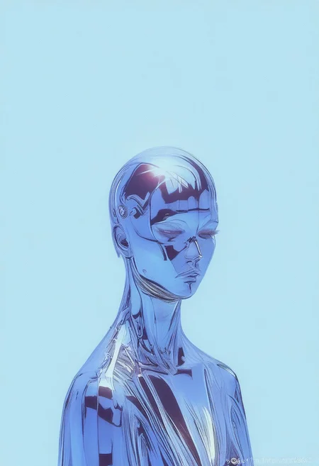 A mesmerizing hyper-realistic dreamy_fantasy representation features a faceless woman adorned in a Tibetan robe, lavishly embroidered with vibrant colors that contrast sharply against a simple dark and blue background. Her skin appears metallic, reflecting a chromecore aesthetic that adds depth to her ethereal presence. The scene is captured from a low-angle perspective, making her seem imposing as she looks down at the viewer.
Her right hand forms a three-point crown sign, symbolizing authority and prestige, while her left hand mimics the gesture, reinforcing the strength of her expressionless demeanor. The intricate details of her robe and the enchanting glow that surrounds her create a dreamlike atmosphere, drawing the viewer into her world. The vibrant colors of her attire shine against the monochrome elements, enhancing the dark vibes of the scene.
This composition highlights her serious aura, inviting an exploration of themes like power and mystique within a dark fantasy realm. **chromecore**, **simple background**, **dark and blue background**, **vibrant colors**, **colorful**, **metal skin**, **expressionless**, **serious**, **bright**, **dark vibes**, **dark fantasy**, **armor**, **monochrome**, **colored skin**, **gradient**, **hand**, **ctdrm**, **dreamy**, **novuschroma74 style**.