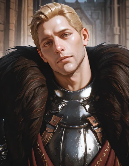 masterpiece, best quality, absurdres, newest, perfect quality, best quality, absolutely eye-catching, detailed background, intricate details, male focus, realistic, solo, <lora:Dragon Age - Cullen Rutherford - Illustrious 2_1-000006:0.7> cullen_rutherford, 1boy, mature male, brown eyes, fur-trimmed cloak, pauldrons, breastplate, shirt, upper body, head tilt, looking at viewer