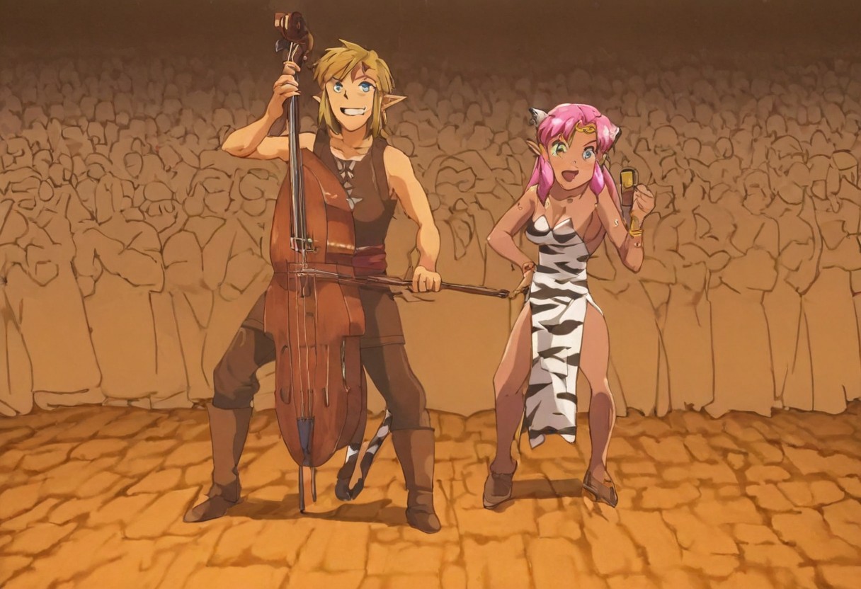 Pink_DragonPink, 1girl, sleeveless dress, white tiger print dress, pelvic curtain, cleavage, white tiger tail, red sash, small breasts, leather shoes, masterpiece, very aesthetic, smiling wide, showing teeth, <lora:pink-illustrious:1>, 
Break
1boy,Anime screencap,link (zelda),blonde hair,blue eyes,pointy ears, low ponytail, sidelocks, wearing blue hyilian tunic, playing ocarina 
Break
On a raised medieval stage, in front of a large crowd, pink_dragonpink playing contrabass, holding a bow, doublebass, instrument, bow_(music), Link plays an ocarina beside her, link playing music on his ocarina