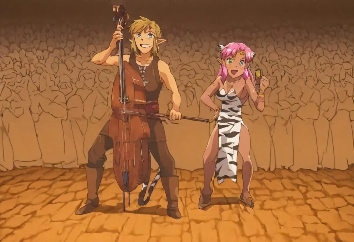 Pink_DragonPink, 1girl, sleeveless dress, white tiger print dress, pelvic curtain, cleavage, white tiger tail, red sash, small breasts, leather shoes, masterpiece, very aesthetic, smiling wide, showing teeth, <lora:pink-illustrious:1>,
Break
1boy,Anime screencap,link (zelda),blonde hair,blue eyes,pointy ears, low ponytail, sidelocks, wearing blue hyilian tunic, playing ocarina
Break
On a raised medieval stage, in front of a large crowd, pink_dragonpink playing contrabass, holding a bow, doublebass, instrument, bow_(music), Link plays an ocarina beside her, link playing music on his ocarina
