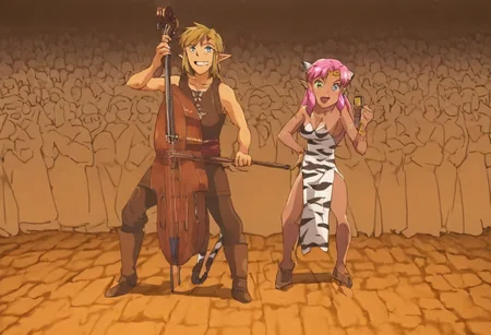 Pink_DragonPink, 1girl, sleeveless dress, white tiger print dress, pelvic curtain, cleavage, white tiger tail, red sash, small breasts, leather shoes, masterpiece, very aesthetic, smiling wide, showing teeth, <lora:pink-illustrious:1>,
Break
1boy,Anime screencap,link (zelda),blonde hair,blue eyes,pointy ears, low ponytail, sidelocks, wearing blue hyilian tunic, playing ocarina
Break
On a raised medieval stage, in front of a large crowd, pink_dragonpink playing contrabass, holding a bow, doublebass, instrument, bow_(music), Link plays an ocarina beside her, link playing music on his ocarina