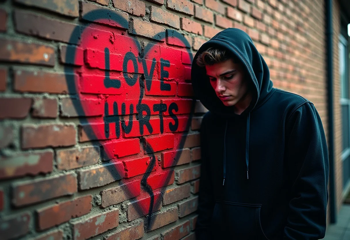 The style is candid image photography with natural textures and highly realistic light, editorial, Sad emo man in a black hoodie leaning against a brick wall with spray paint in hand, on the brick wall is a red broken heart with graffiti words: "LOVE HURTS", photograph, high quality, dramatic lighting, detailed, realistic