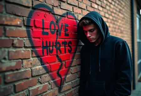 The style is candid image photography with natural textures and highly realistic light, editorial, Sad emo man in a black hoodie leaning against a brick wall with spray paint in hand, on the brick wall is a red broken heart with graffiti words: "LOVE HURTS", photograph, high quality, dramatic lighting, detailed, realistic