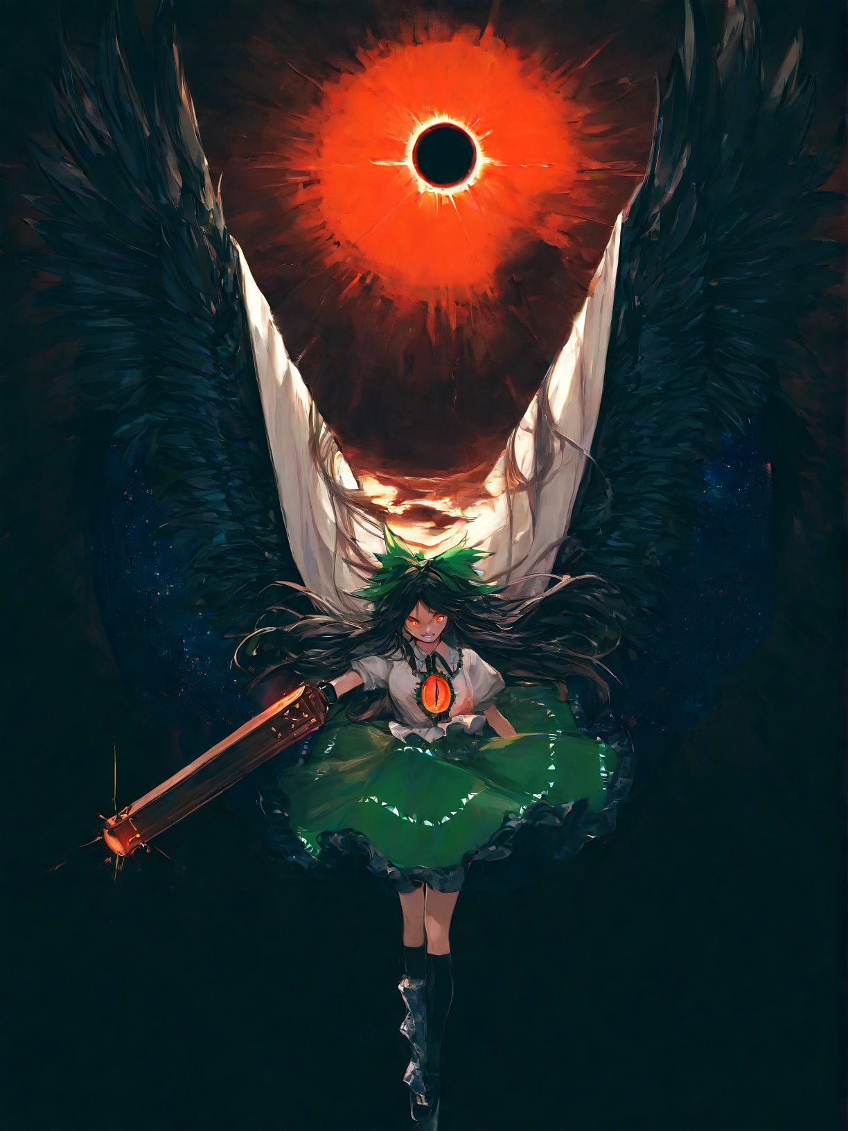 touhou, reiuji_utsuho,1girl,arm_cannon,black_footwear,black_hair,black_socks, black_wings ,bow, cape, clenched_teeth ,control_rod_(touhou), feathered_wings, glowing, glowing_eyes, green_bow ,green_skirt ,hair_bow ,kneehighs, long_hair, looking_at_viewer ,red_eyes ,shirt ,skirt ,socks, solo ,starry_sky_print, sun ,teeth ,third_eye, white_shirt, wings, cowboy_shot,
 negative space, , very awa, masterpiece, highres, absurdres, newest, 
<lora:illustrious_noobai_epsilon_pred_11_very_aesthetic_v1:0.7> ,<lora:USNR STYLE_XL_loha:0.7>