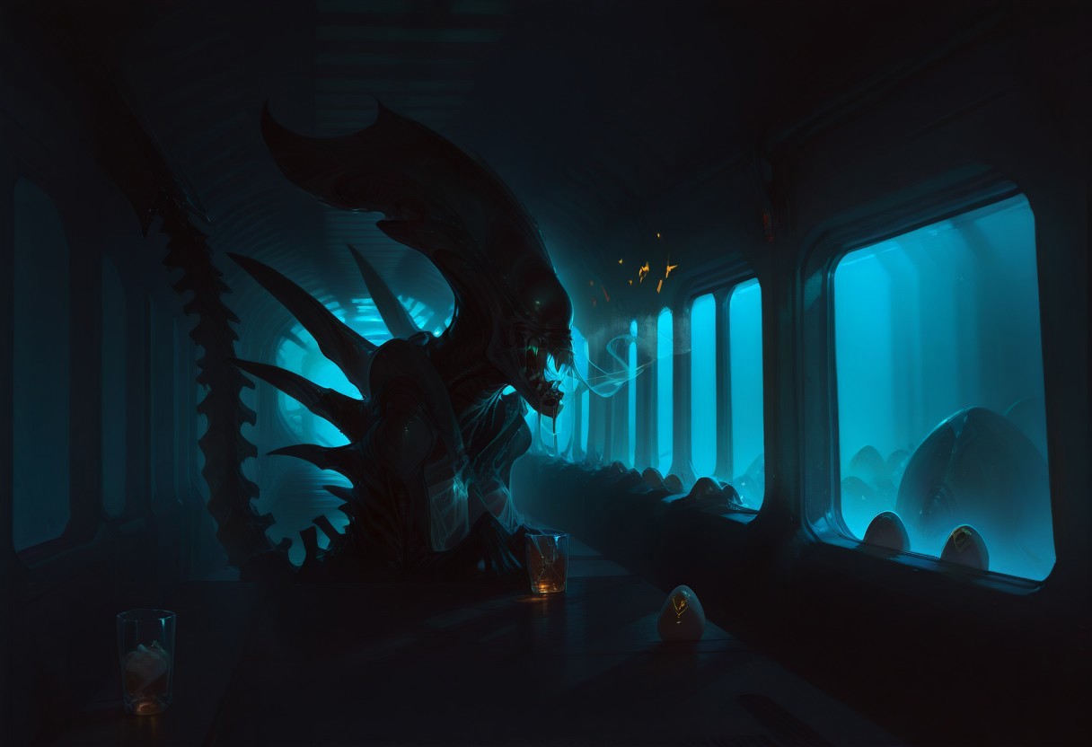 masterpiece, best quality, hyper-realistic, ultra-HD, luminous lighting, cinematic ambiance, shimmering gradients, ethereal glow, deep contrast, rich color tones, seductive atmosphere, captivating sensuality, Cinematic Lighting, 
BREAK 
raytracing, volumetric lighting, ambient occlusion, Background, xenomorph
BREAK
ryu, teal scales, eastern dragon horns, pointy ears, green eyes, long eyelashes, makeup, solo,
glass, see-through, skulls, portraits,
BREAK
A chilling scene unfolds in a dimly-lit industrial corridor, where the iconic xenomorph from the Alien franchise has cunningly concealed itself within an air duct. Its elongated, biomechanical form is contorted yet eerily poised, occupying the seemingly innocuous air vent. The slick, black exoskeleton, adorned with menacing ridges and a tail curled beneath it, blends seamlessly with the duct's shadowy interior. Only its distinctive dome-like head, partially open mouth revealing a set of inner jaws, pierces the veil of darkness. Glistening drool and the movement of its secondary jaws suggest a high state of alertness, ready to strike.
The xenomorph’s piercing yellow eyes reflect the flickering emergency lights of the corridor, hinting at its imminent intent. The vent's mesh serves as a sinister cage, unable to contain the creature's malevolent presence that emanates from every rivet and crevice. Tension swells as viewers anticipate the creature's imminent pounce, ready to unfurl from its hiding place. Surrounded by Alien eggs.