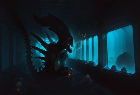 masterpiece, best quality, hyper-realistic, ultra-HD, luminous lighting, cinematic ambiance, shimmering gradients, ethereal glow, deep contrast, rich color tones, seductive atmosphere, captivating sensuality, Cinematic Lighting, 
BREAK 
raytracing, volumetric lighting, ambient occlusion, Background, xenomorph
BREAK
ryu, teal scales, eastern dragon horns, pointy ears, green eyes, long eyelashes, makeup, solo,
glass, see-through, skulls, portraits,
BREAK
A chilling scene unfolds in a dimly-lit industrial corridor, where the iconic xenomorph from the Alien franchise has cunningly concealed itself within an air duct. Its elongated, biomechanical form is contorted yet eerily poised, occupying the seemingly innocuous air vent. The slick, black exoskeleton, adorned with menacing ridges and a tail curled beneath it, blends seamlessly with the duct's shadowy interior. Only its distinctive dome-like head, partially open mouth revealing a set of inner jaws, pierces the veil of darkness. Glistening drool and the movement of its secondary jaws suggest a high state of alertness, ready to strike.
The xenomorph’s piercing yellow eyes reflect the flickering emergency lights of the corridor, hinting at its imminent intent. The vent's mesh serves as a sinister cage, unable to contain the creature's malevolent presence that emanates from every rivet and crevice. Tension swells as viewers anticipate the creature's imminent pounce, ready to unfurl from its hiding place. Surrounded by Alien eggs.