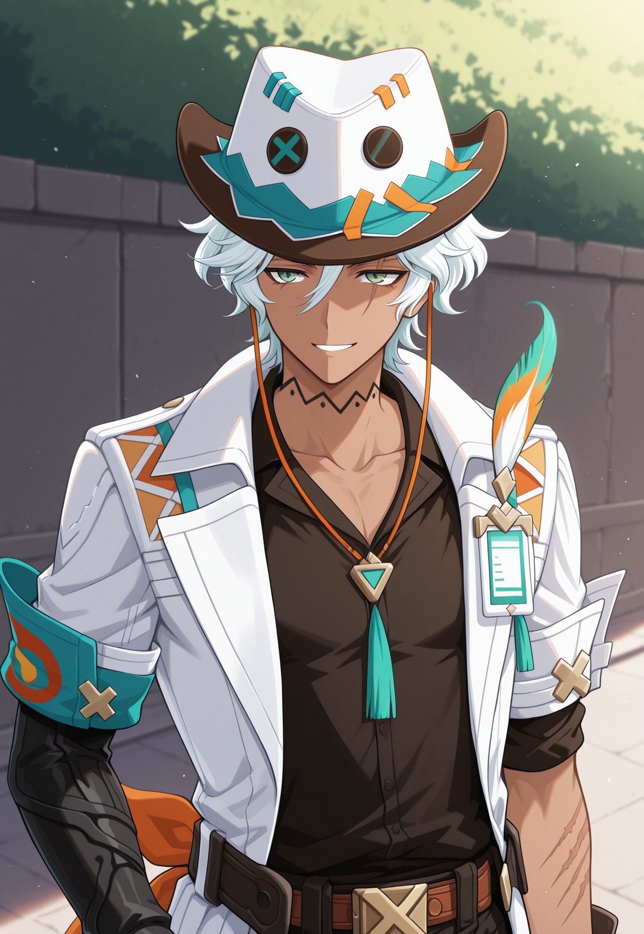 masterpiece,best quality,amazing quality, source_anime,

ifagimpa, 1boy, male focus, solo, dark skin, dark-skinned male, green eyes, white hair, hat, cowboy hat, white headwear, neck tattoo, collarbone, shirt, black shirt, coat, white coat, short sleeves, open coat, scar on arm,  gloves,smile, outdoor,