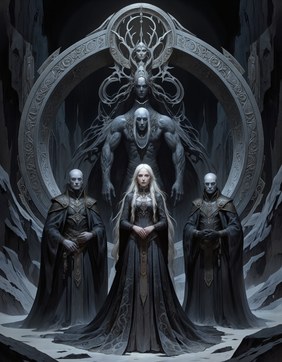 Anime CRABDM style. A digital illustration shoot from a frontal camera angle about a mystical scene featuring a woman with long, flowing white hair standing in the middle of the image, surrounded by three dark, ominous figures. the woman, who appears to be in her mid-twenties, has a serious expression and is wearing a long, dark, ornate dress with intricate patterns and a high collar. her hair cascades down her back, and she has a pair of silver earrings adorning her ears. she stands confidently with her hands clasped in front of her, looking directly at the viewer. the background features a mystical, ethereal atmosphere with a large, circular archway and intricate carvings, and the scene is set against a dark, rocky landscape. the overall mood is dark and moody, with a sense of mystery and power.