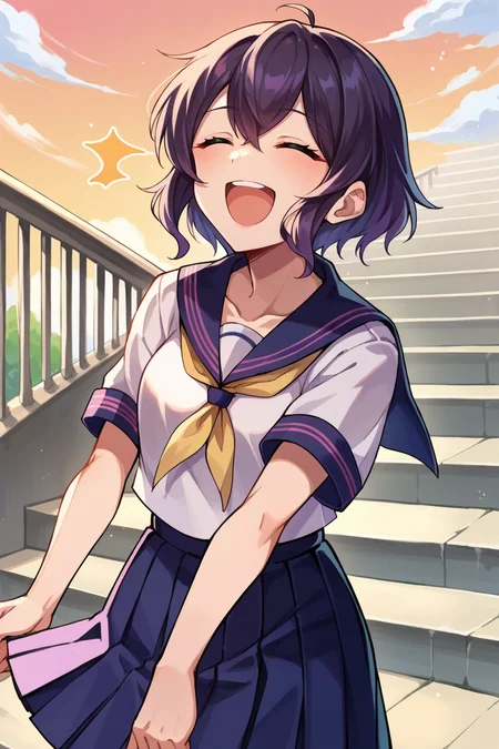 score_9, score_8_up, score_7_up, score_6_up, source_anime, BREAK 1girl, solo <lora:femorgan-pdxl-nvwls-v1-000005:0.9> feMorgan, serafuku, neckkerchief, short sleeves, pleated skirt, closed eyes, happy, open mouth, sky, stairs