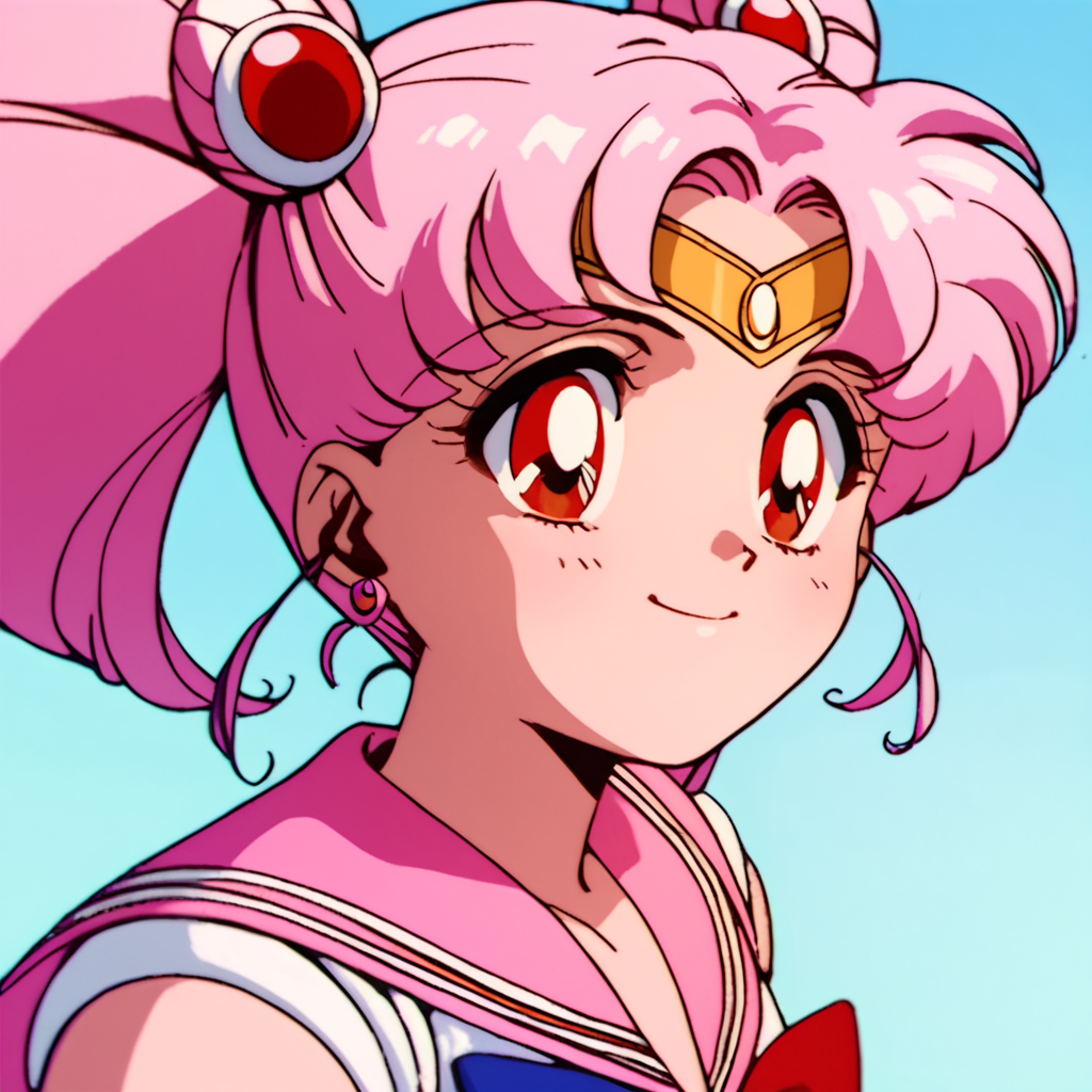 score_9, score_8_up, score_7_up, score_6_up, score_5_up, score_4_up, source_anime, , Sailor_Chibi_Moon, pink hair, red eyes, twintails, sailor senshi uniform, pink sailor collar, , soft smile, portrait